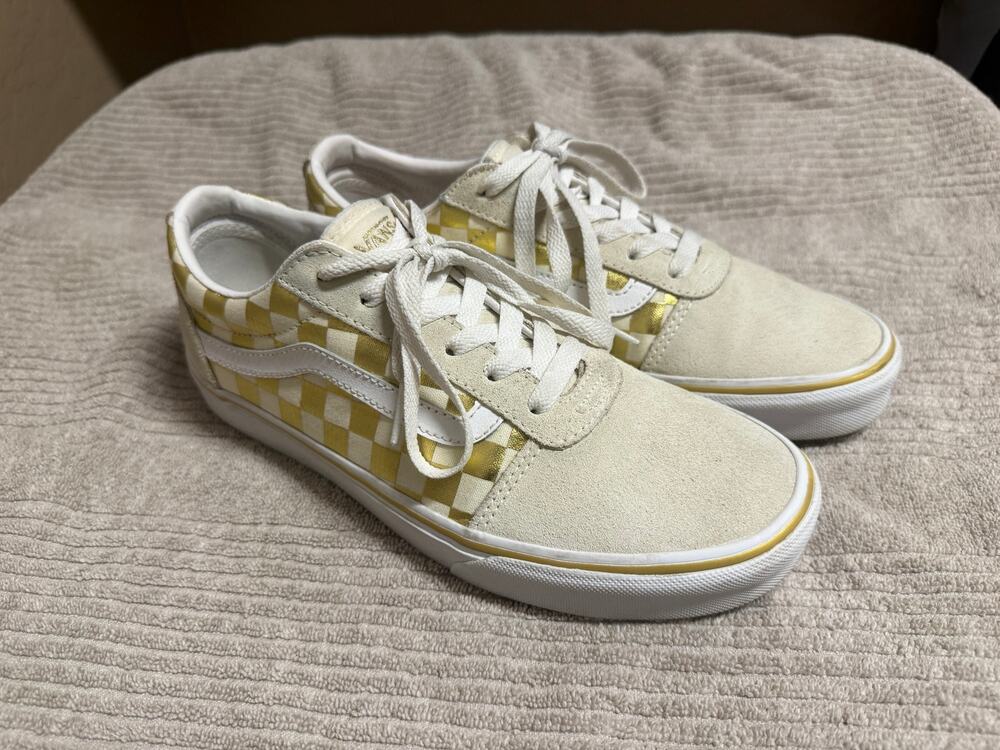 Vans Off the Wall Sneakers Gold Cream checkered Suede accents Womens Size 9